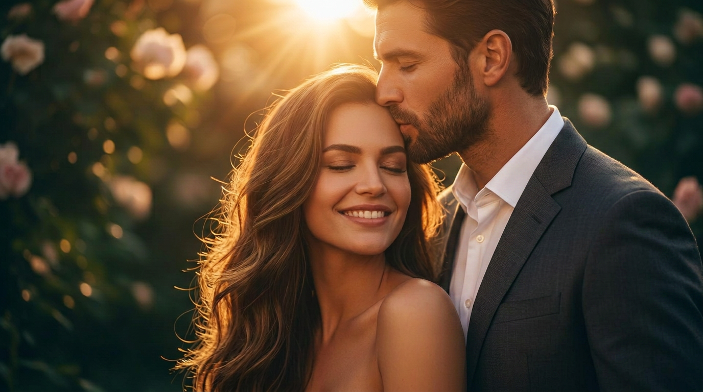 A couple embracing at golden hour in a rose garden